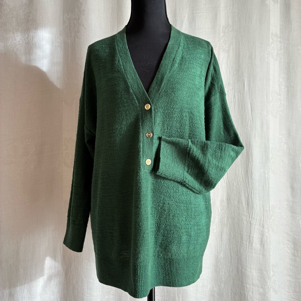 LOFT Forest Green Oversized Knit Cotton Cardigan w/Gold Buttons Size L